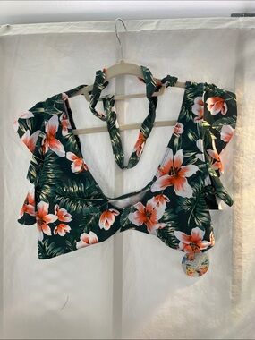 TeLaura Floral cropped Top - Green with Coral Flowers XL NWT